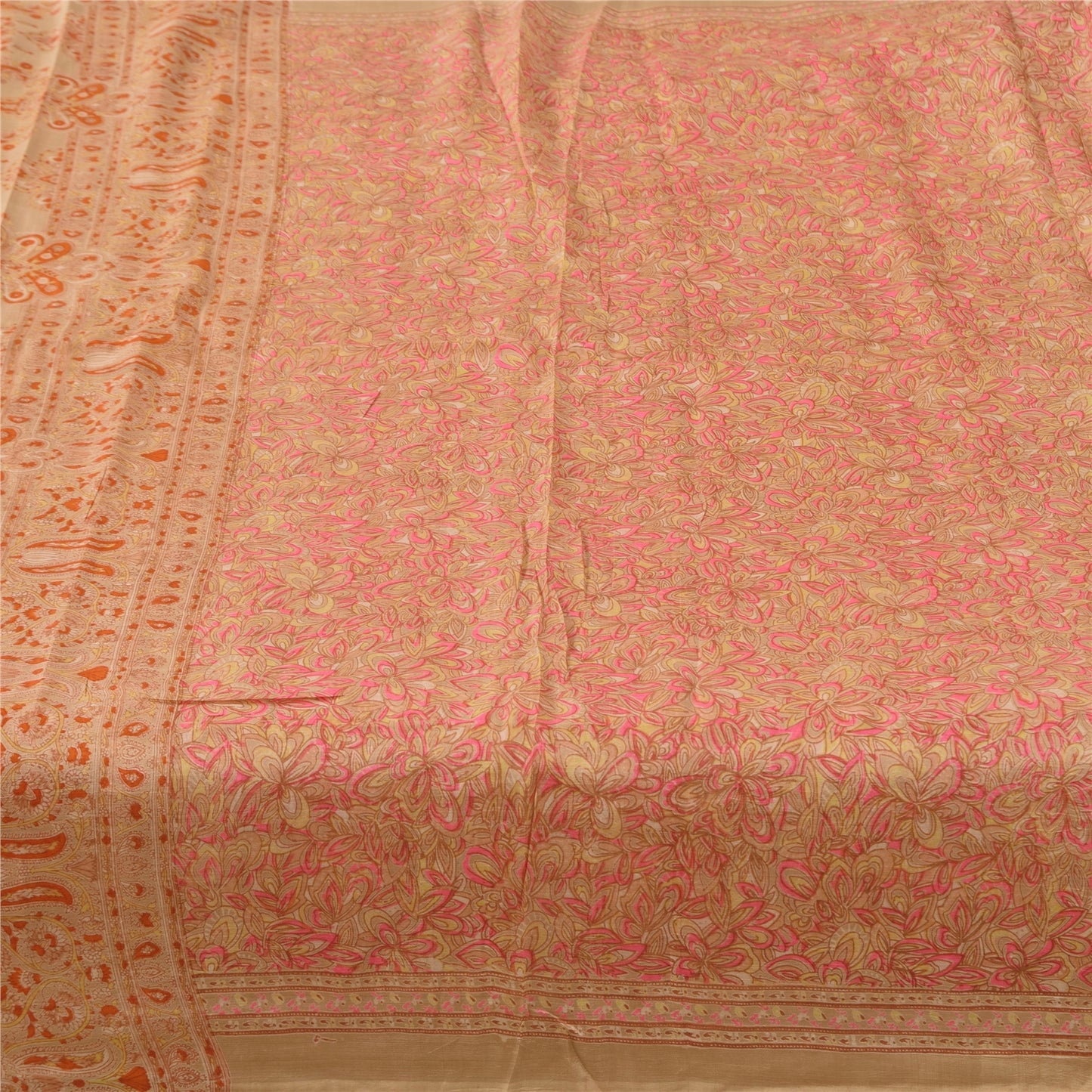 Sanskriti Vintage Sarees Light-Brown Pure Silk Printed Sari 5yd Craft Fabric