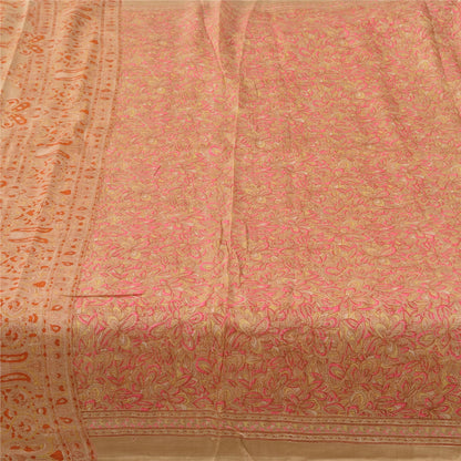 Sanskriti Vintage Sarees Light-Brown Pure Silk Printed Sari 5yd Craft Fabric