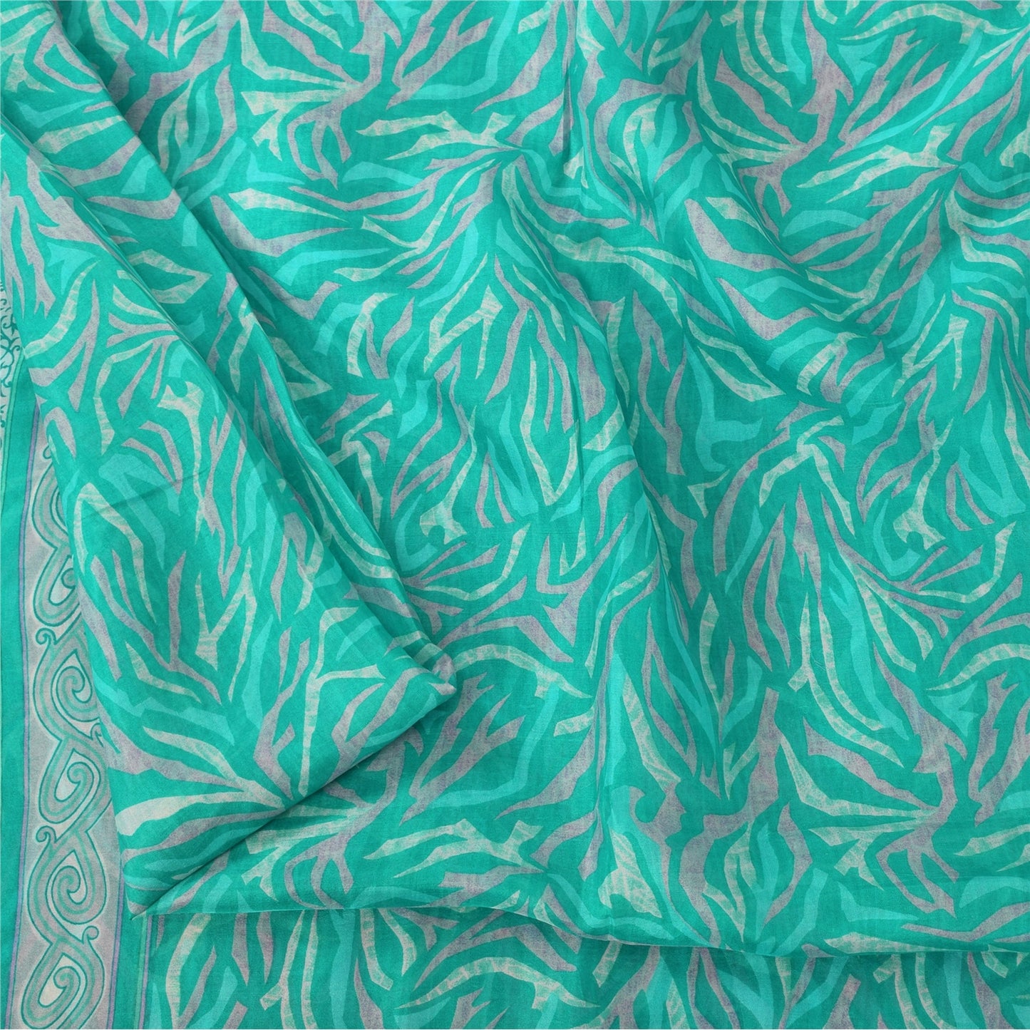 Sanskriti Vintage Sarees Aquamarine Blue Pure Silk Printed Sari 5yd Craft Fabric