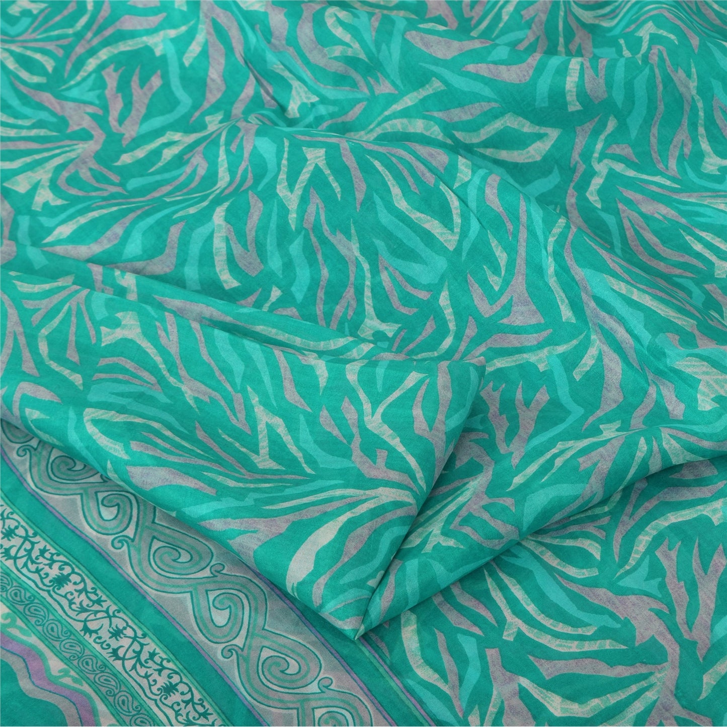 Sanskriti Vintage Sarees Aquamarine Blue Pure Silk Printed Sari 5yd Craft Fabric