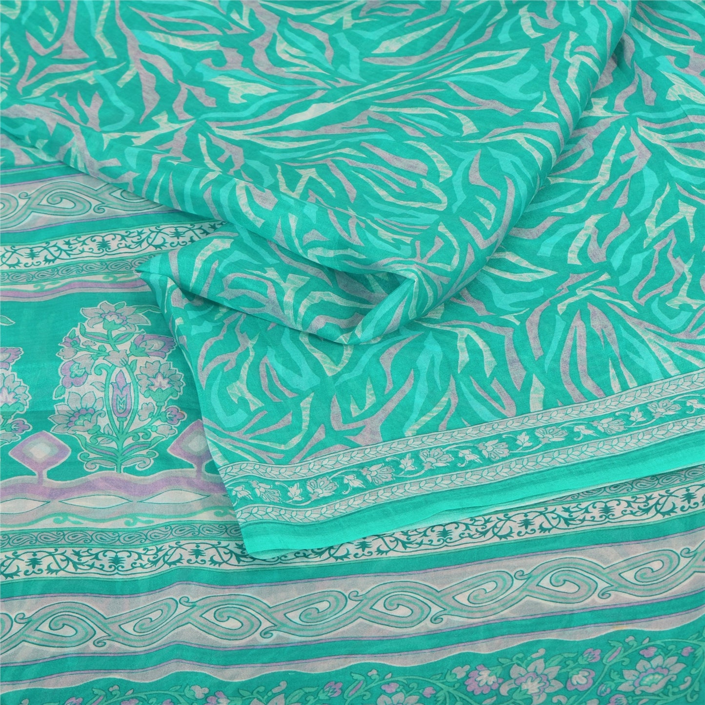 Sanskriti Vintage Sarees Aquamarine Blue Pure Silk Printed Sari 5yd Craft Fabric