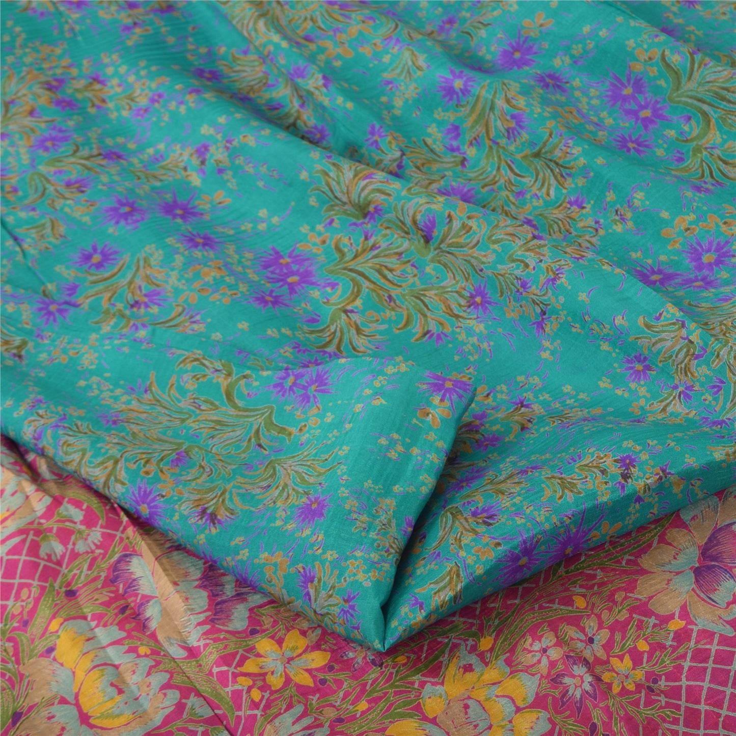 Sanskriti Vintage Sarees Blue/Pink Pure Silk Printed Sari 5yd Soft Craft Fabric