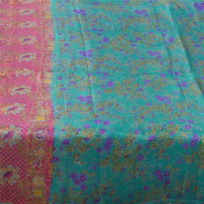 Sanskriti Vintage Sarees Blue/Pink Pure Silk Printed Sari 5yd Soft Craft Fabric