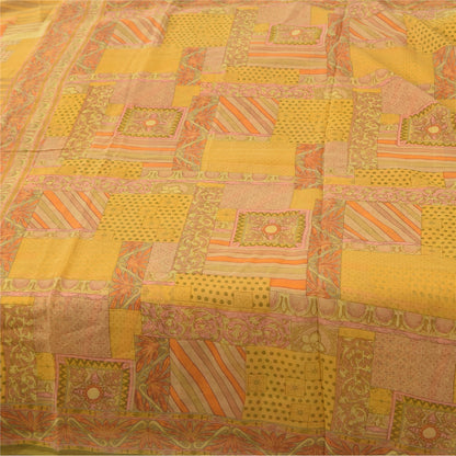 Sanskriti Vintage Sarees Yellow Indian Pure Chiffon Silk Printed Sari 6yd Fabric