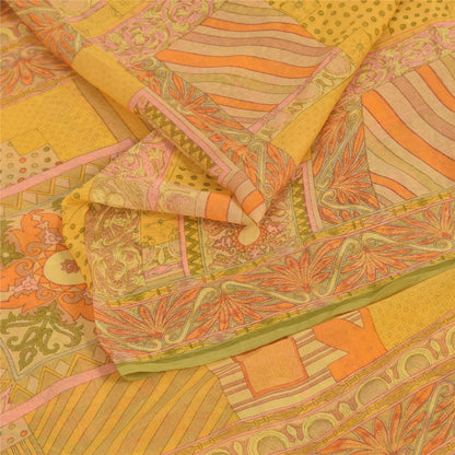 Sanskriti Vintage Sarees Yellow Indian Pure Chiffon Silk Printed Sari 6yd Fabric