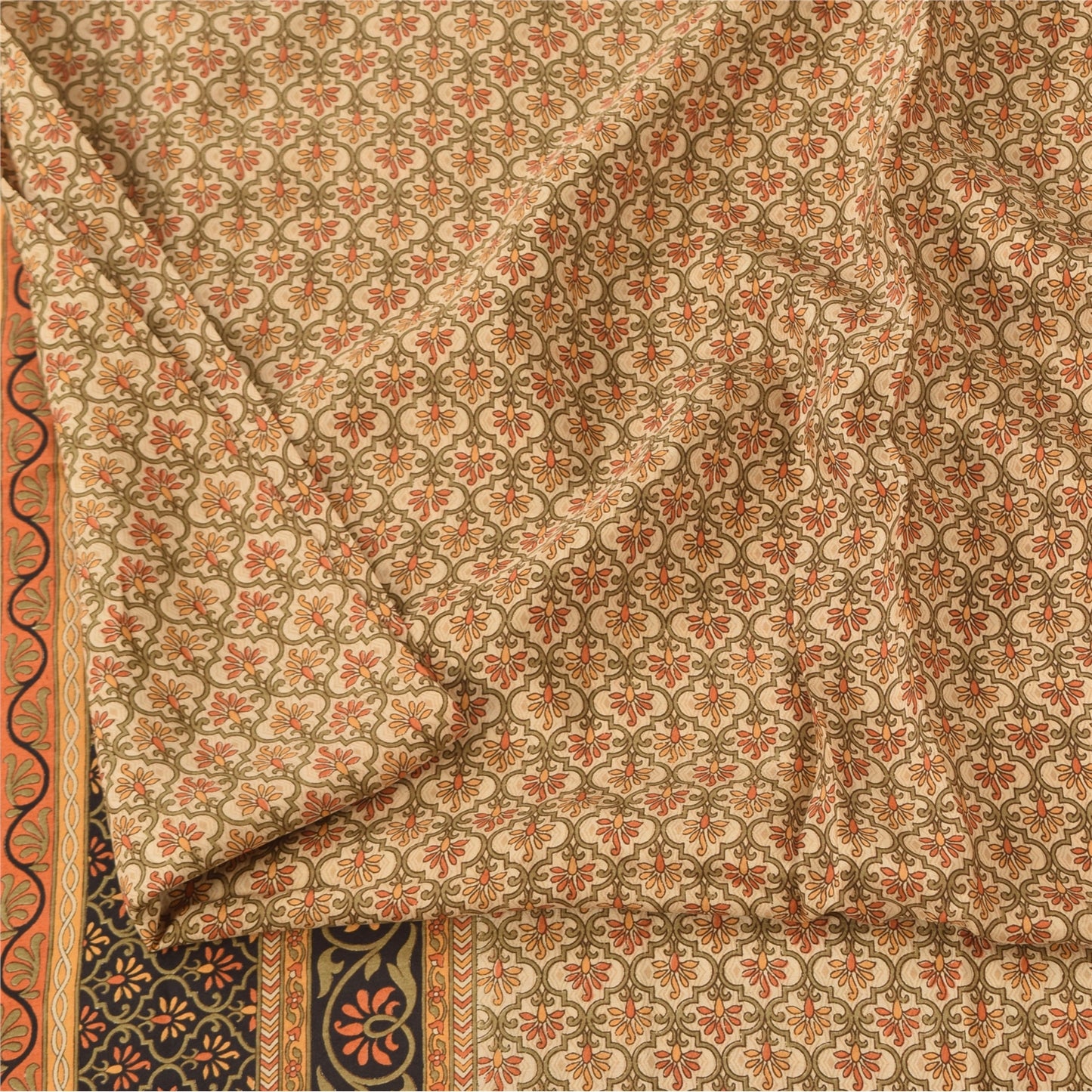 Sanskriti Vintage Sarees Peach 100% Pure Silk Printed Sari 6yd Craft Fabric