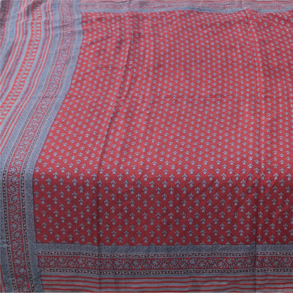 Sanskriti Vintage Sarees Red-Grayish Blue Pure Silk Print Sari 5yd Craft Fabric