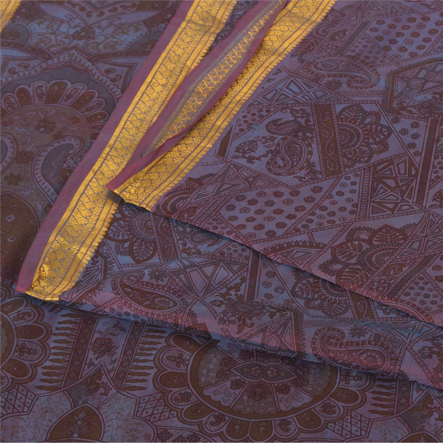 Sanskriti Vintage Sarees Brown/Blue Zari Border Pure Silk Printed Sari Fabric