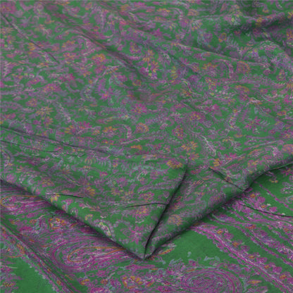 Sanskriti Vintage Sarees Green/Purple Pure Silk Printed Sari 6yd Craft Fabric