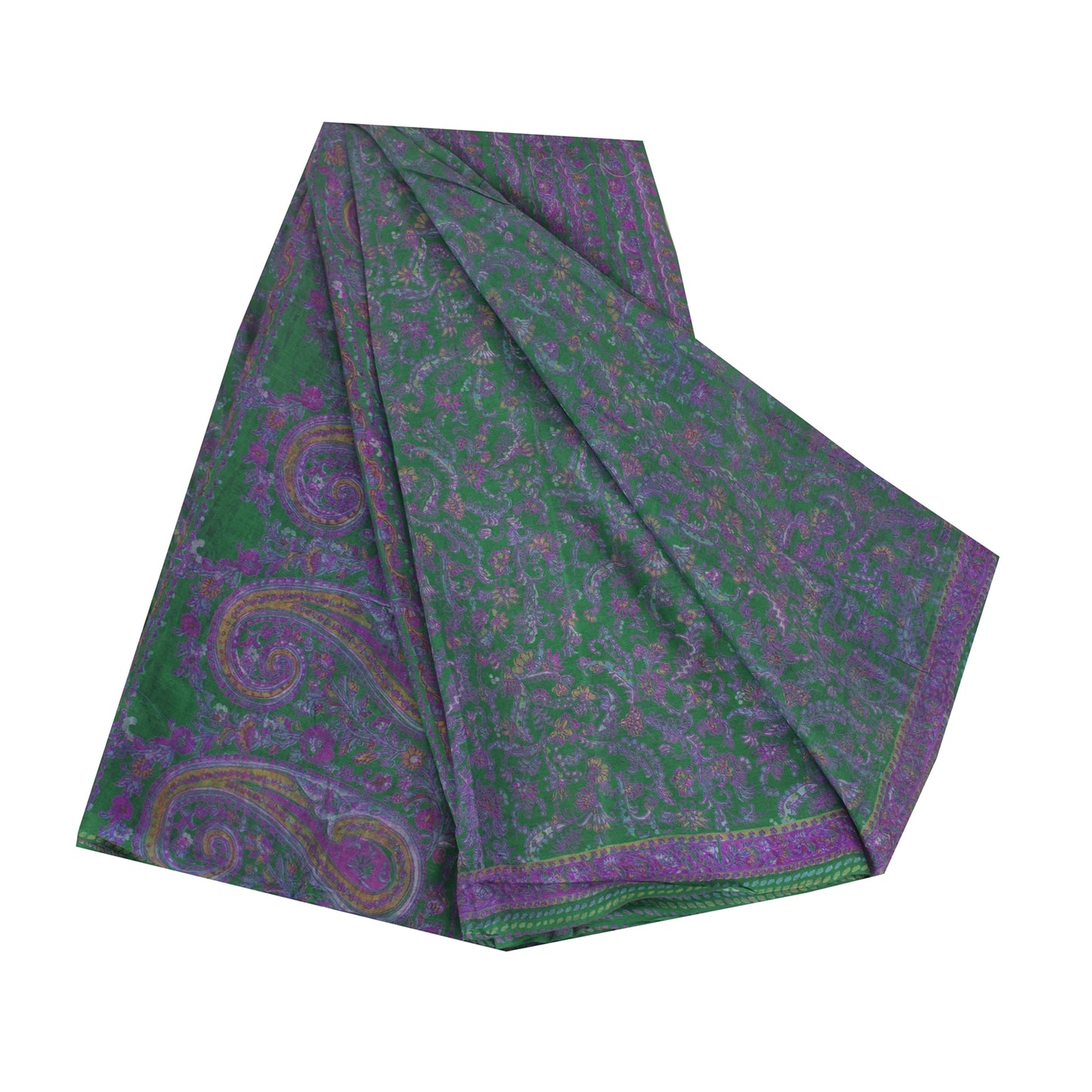 Sanskriti Vintage Sarees Green/Purple Pure Silk Printed Sari 6yd Craft Fabric