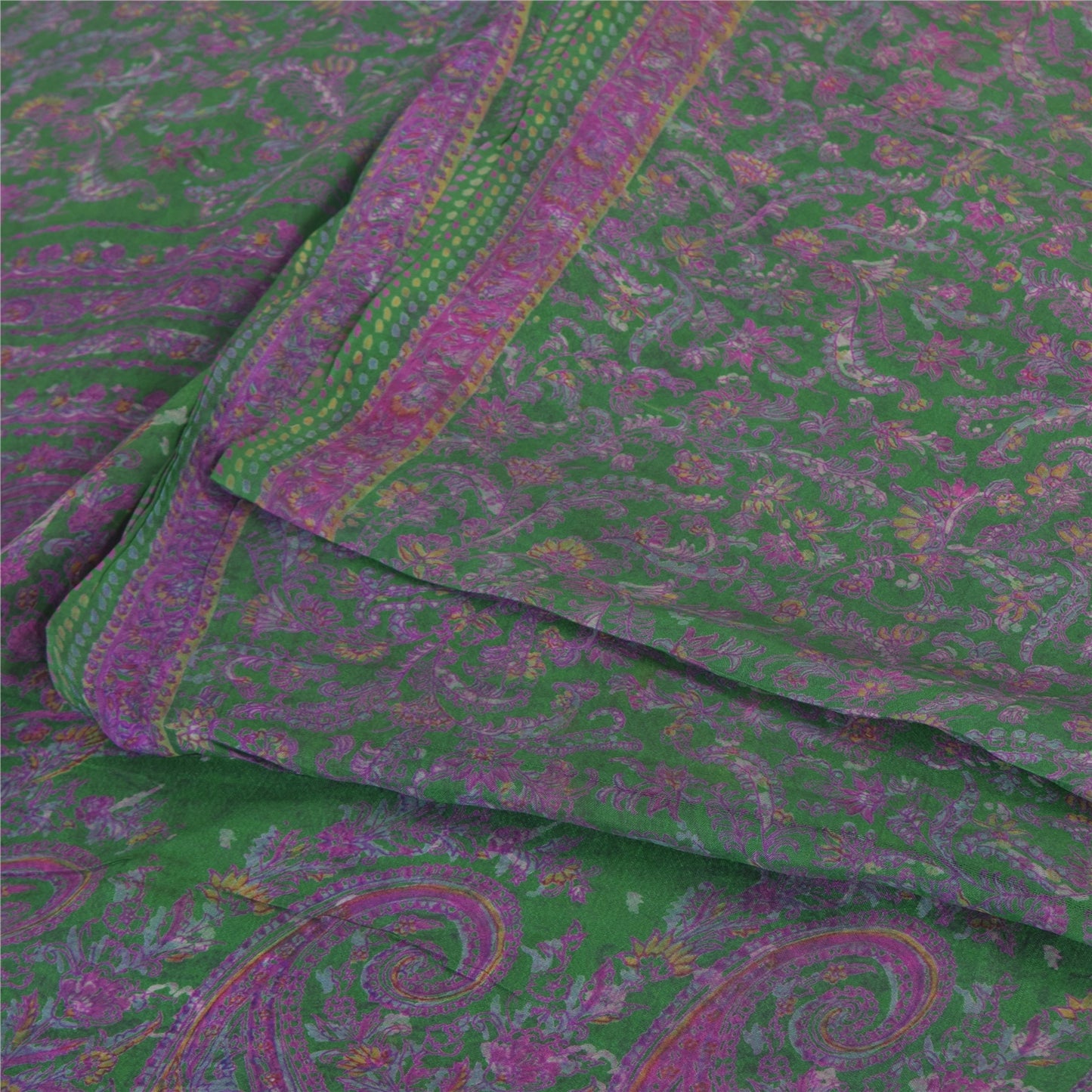 Sanskriti Vintage Sarees Green/Purple Pure Silk Printed Sari 6yd Craft Fabric