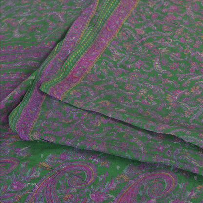 Sanskriti Vintage Sarees Green/Purple Pure Silk Printed Sari 6yd Craft Fabric