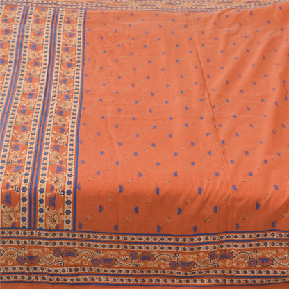 Sanskriti Vintage Sarees Orange/Blue Pure Silk Printed Sari 6yd Craft Fabric