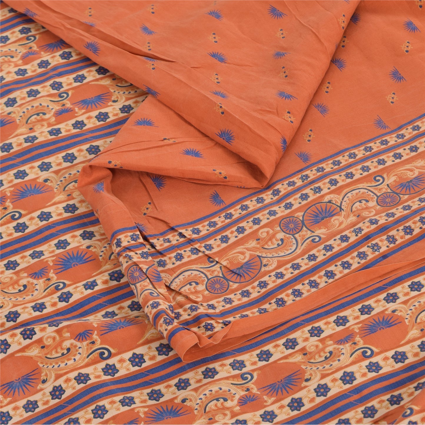 Sanskriti Vintage Sarees Orange/Blue Pure Silk Printed Sari 6yd Craft Fabric