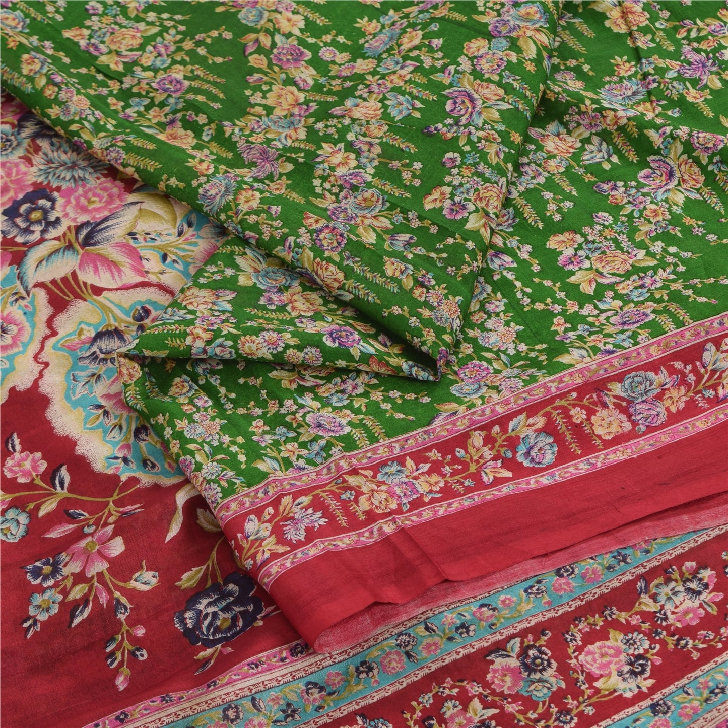 Sanskriti Vintage Sarees Green Indian Pure Silk Printed Sari 5yd Craft Fabric