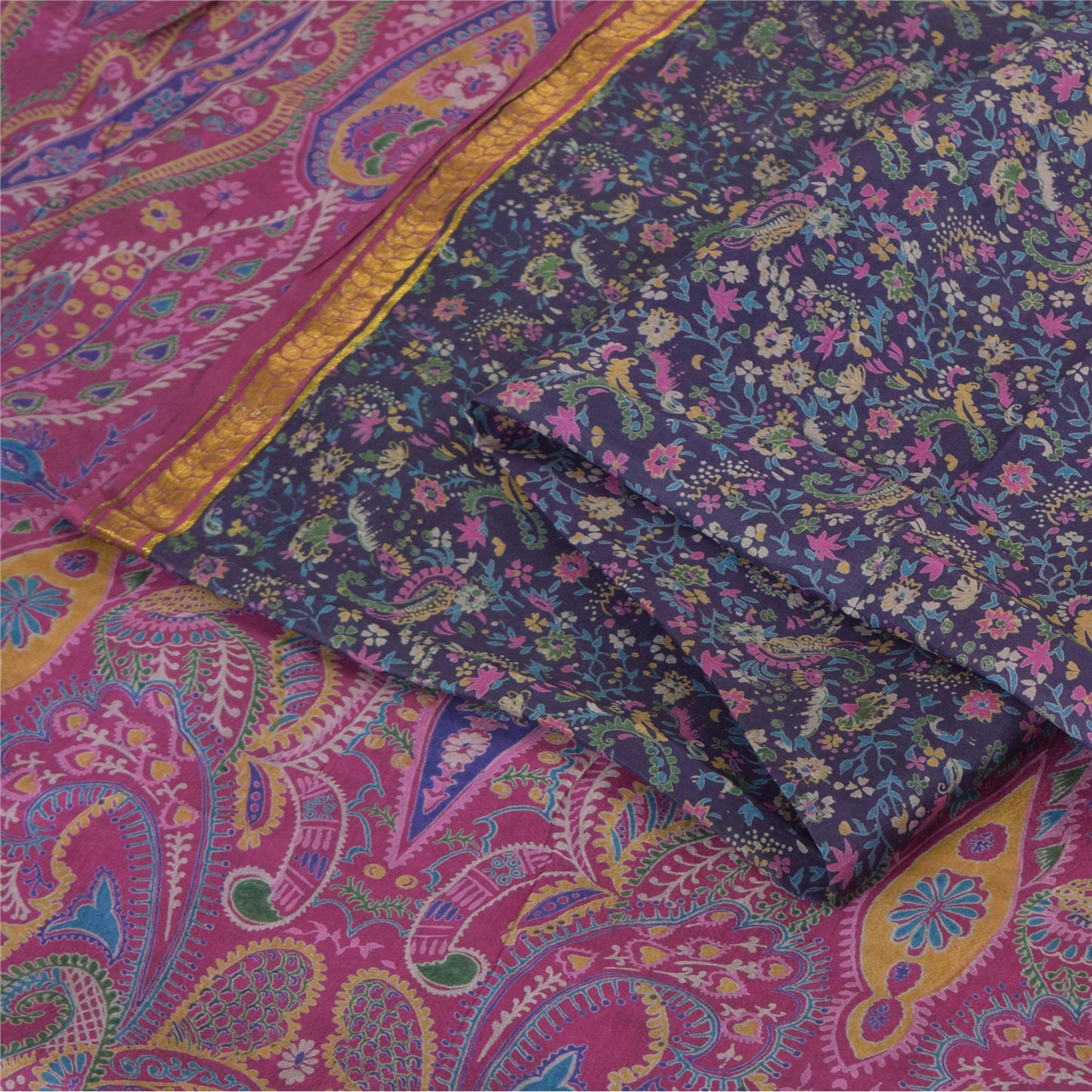 Sanskriti Vintage Sarees Purple Zari Border Pure Silk Printed Sari Craft Fabric