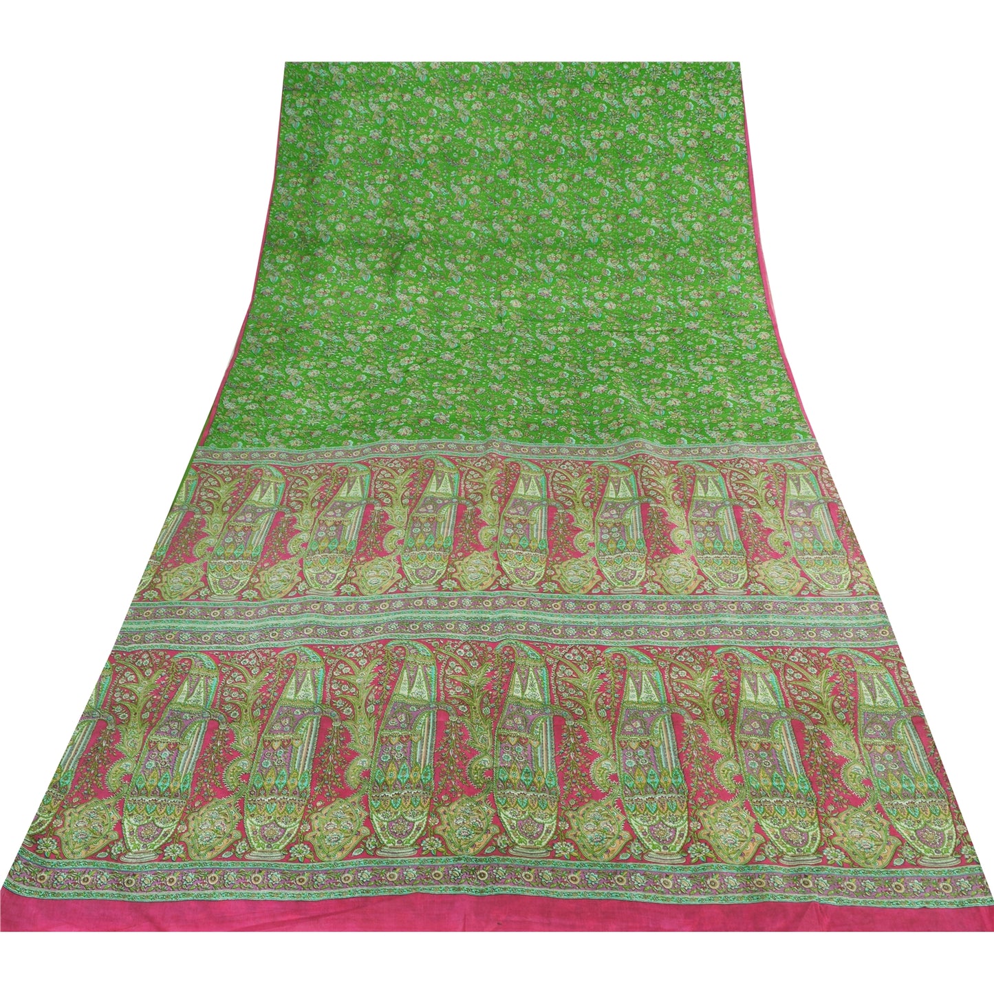 Sanskriti Vintage Sarees Indian Green Pure Silk Printed Sari 5yd Craft Fabric