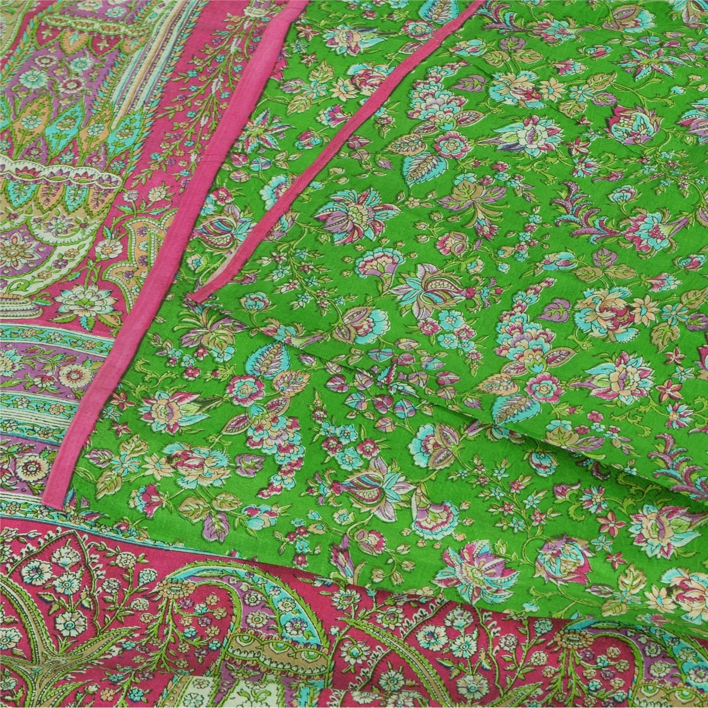 Sanskriti Vintage Sarees Indian Green Pure Silk Printed Sari 5yd Craft Fabric