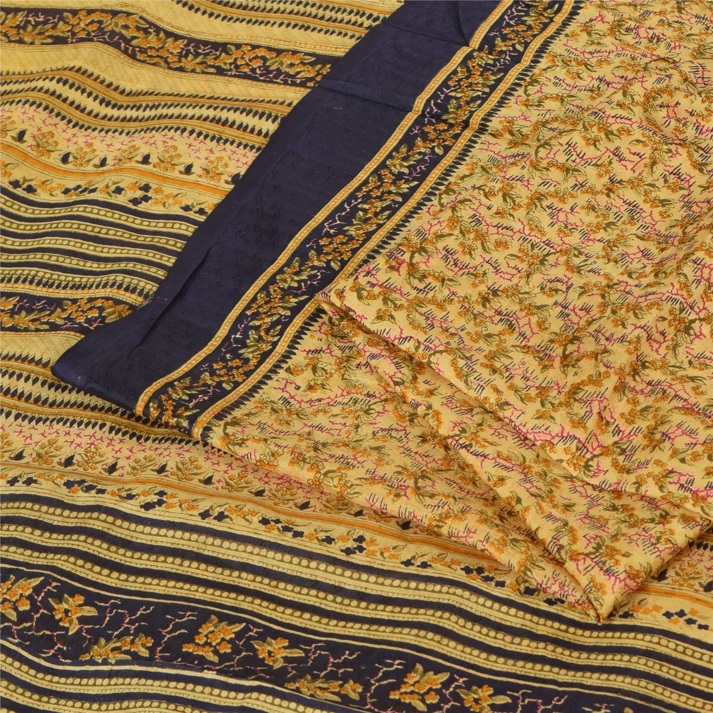 Sanskriti Vintage Sarees PaleYellow 100% Pure Silk Printed Sari 6yd Craft Fabric