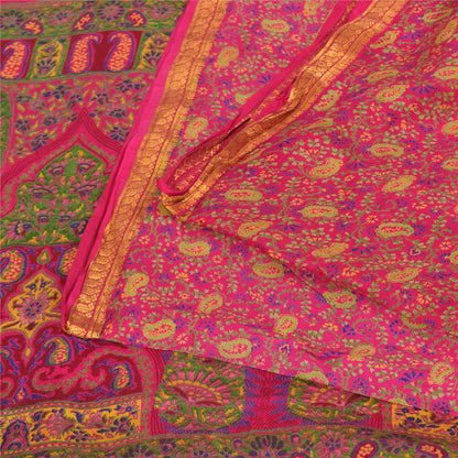 Sanskriti Vintage Sarees Pink Zari Border Pure Silk Print Sari 6yd Craft Fabric