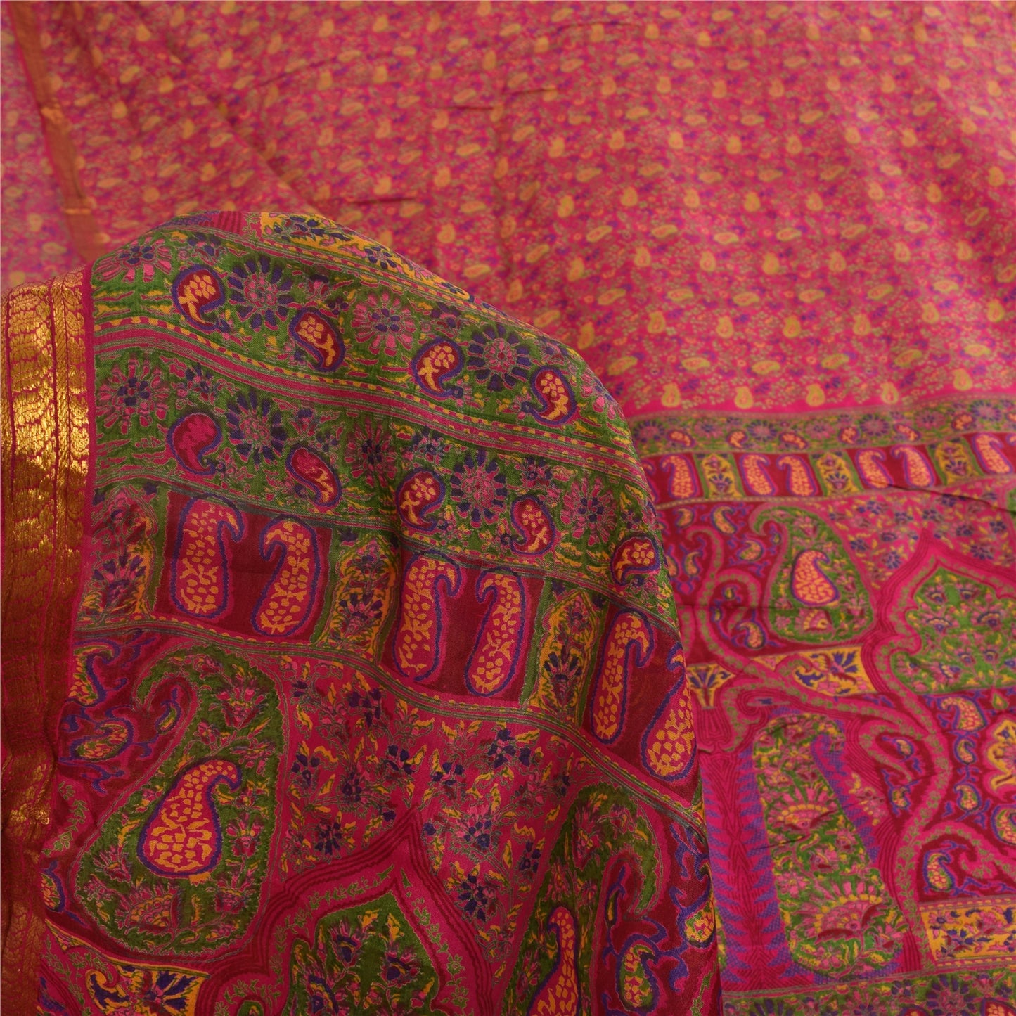 Sanskriti Vintage Sarees Pink Zari Border Pure Silk Print Sari 6yd Craft Fabric