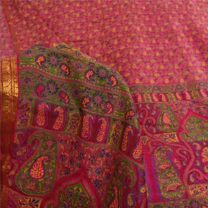 Sanskriti Vintage Sarees Pink Zari Border Pure Silk Print Sari 6yd Craft Fabric