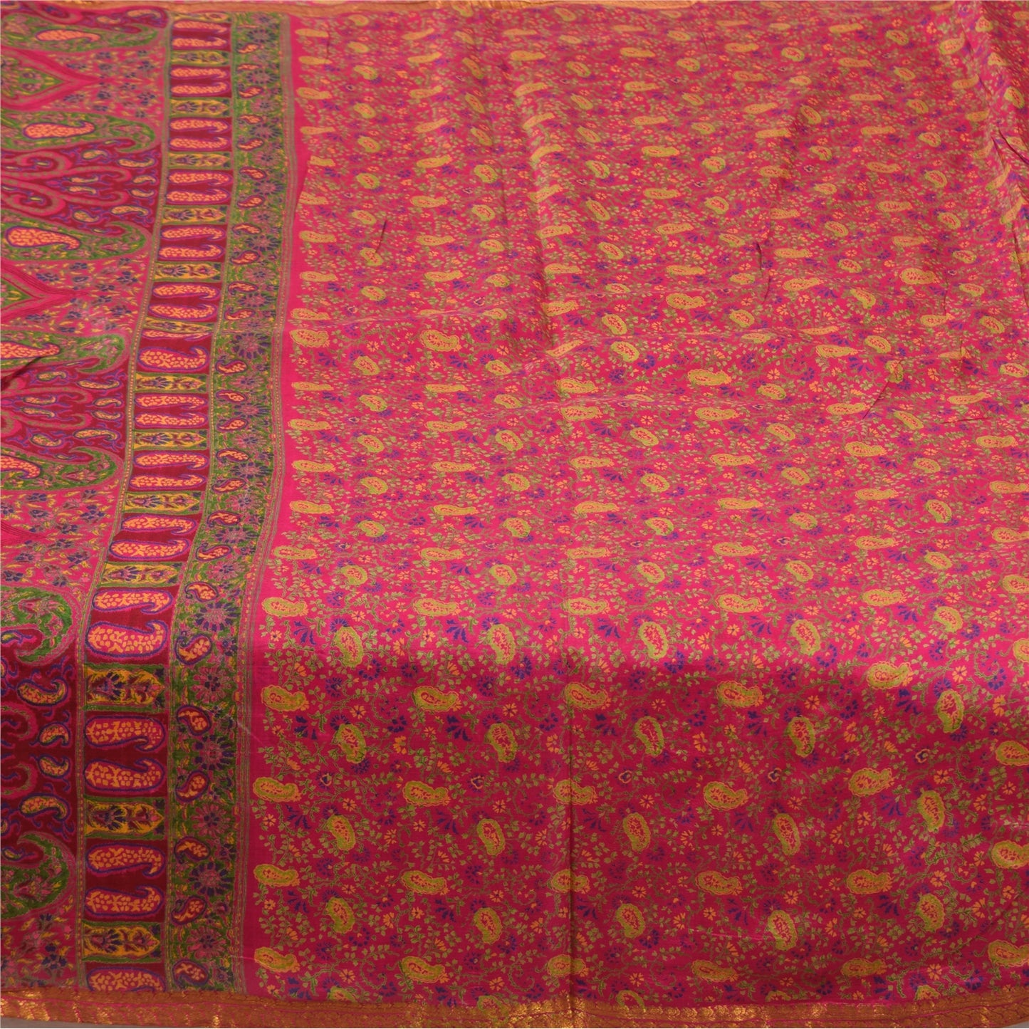 Sanskriti Vintage Sarees Pink Zari Border Pure Silk Print Sari 6yd Craft Fabric