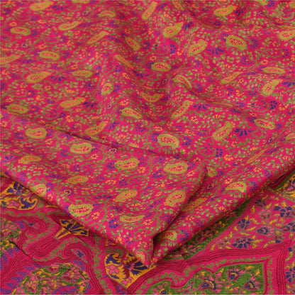 Sanskriti Vintage Sarees Pink Zari Border Pure Silk Print Sari 6yd Craft Fabric