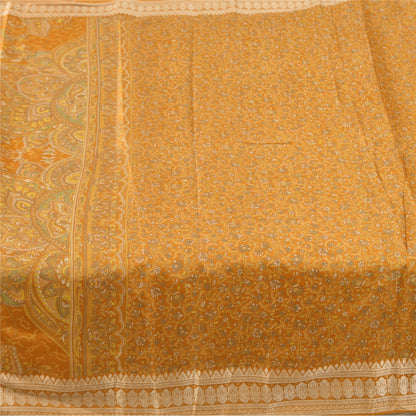 Sanskriti Vintage Sarees Yellow Indian Pure Silk Printed Sari 5yd Craft Fabric