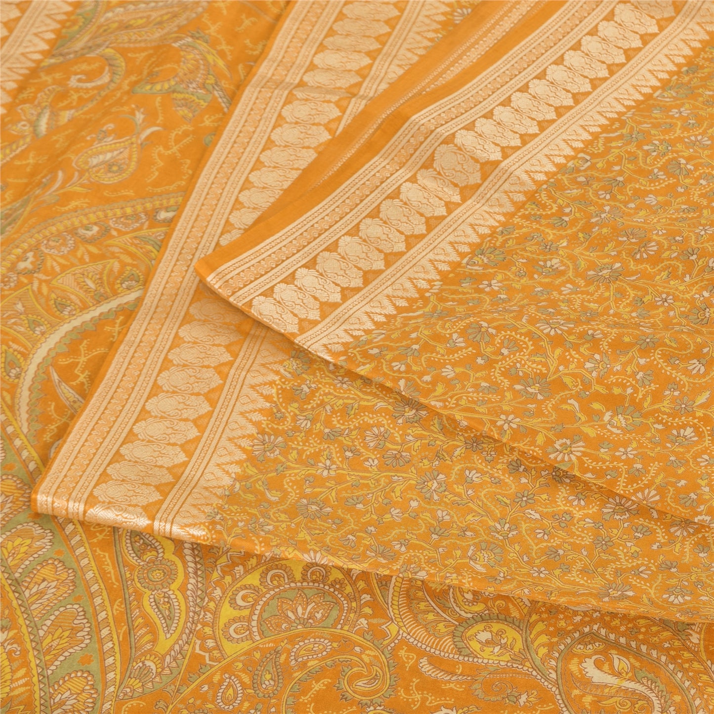 Sanskriti Vintage Sarees Yellow Indian Pure Silk Printed Sari 5yd Craft Fabric