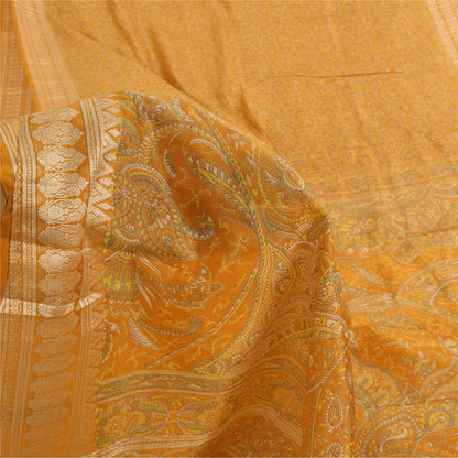 Sanskriti Vintage Sarees Yellow Indian Pure Silk Printed Sari 5yd Craft Fabric