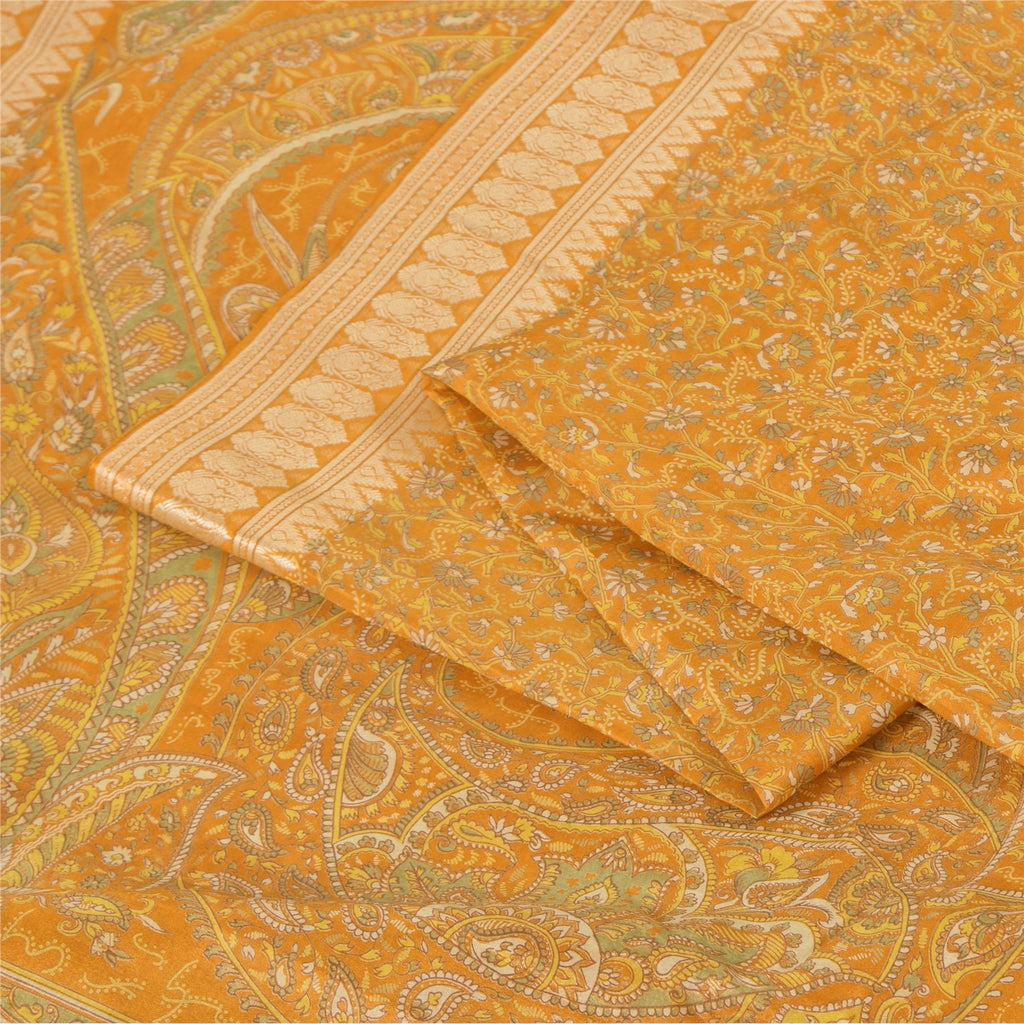 Sanskriti Vintage Sarees Yellow Indian Pure Silk Printed Sari 5yd Craft Fabric