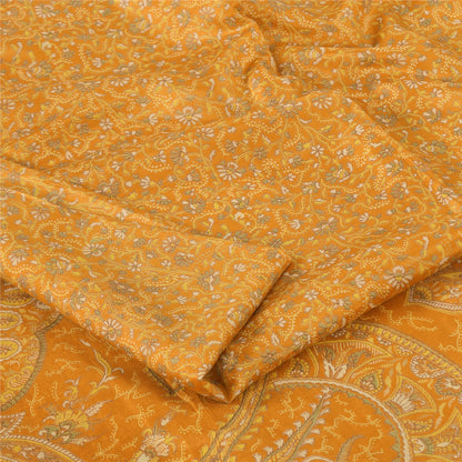 Sanskriti Vintage Sarees Yellow Indian Pure Silk Printed Sari 5yd Craft Fabric