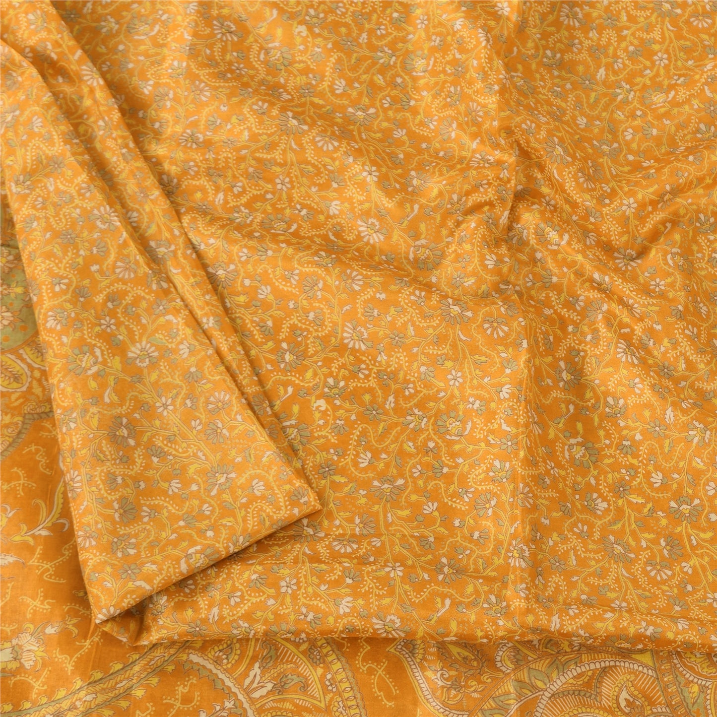 Sanskriti Vintage Sarees Yellow Indian Pure Silk Printed Sari 5yd Craft Fabric