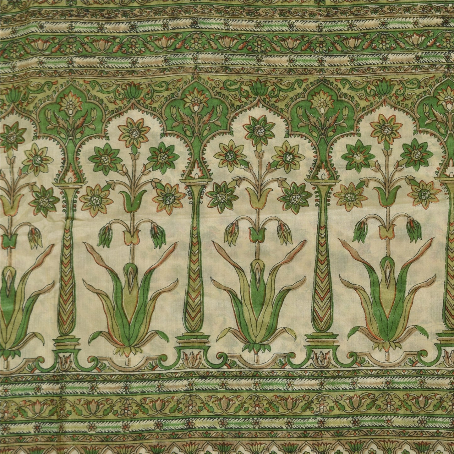 Sanskriti Vintage Sarees Green/Cream Pure Silk Printed Sari Floral Craft Fabric