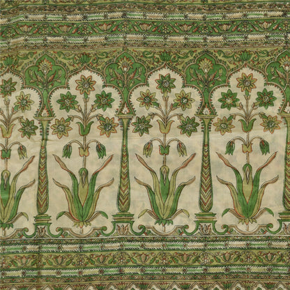 Sanskriti Vintage Sarees Green/Cream Pure Silk Printed Sari Floral Craft Fabric