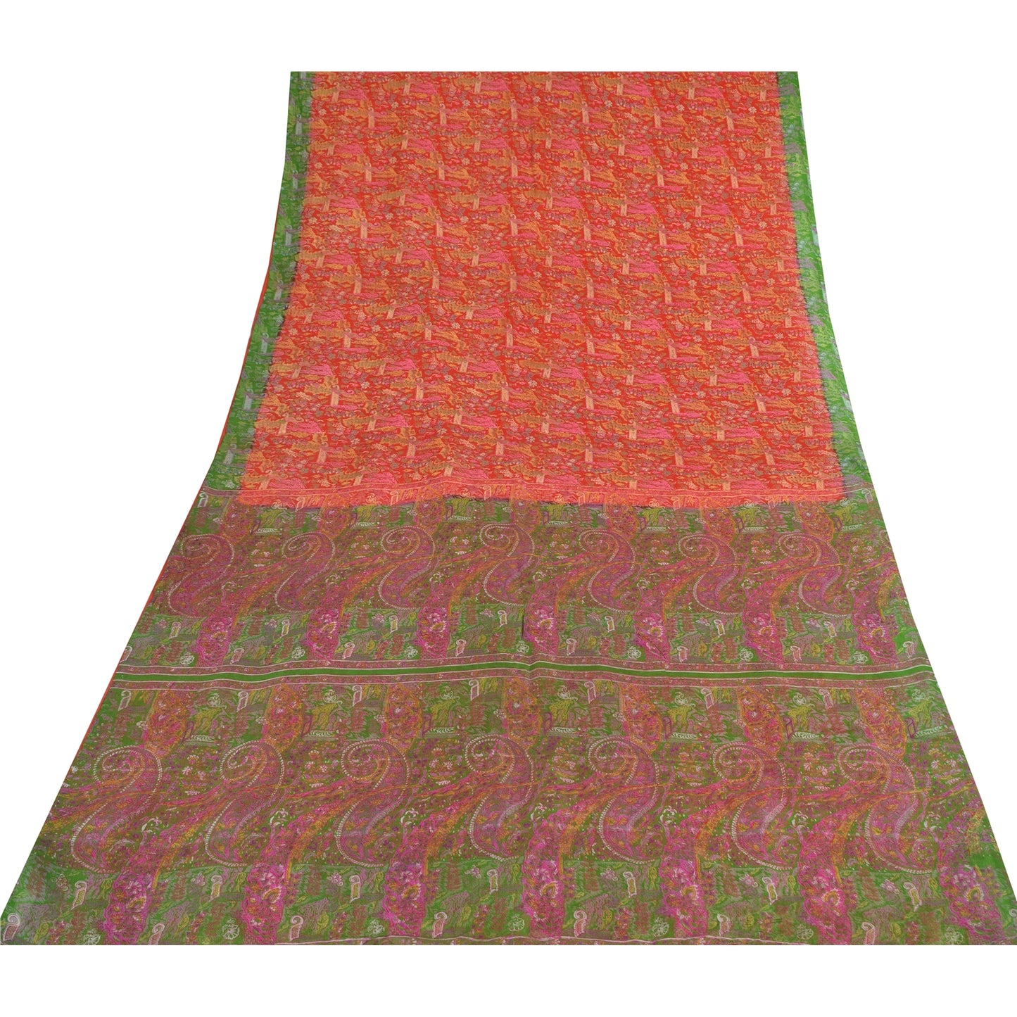 Sanskriti Vintage Sarees From India Red Pure Silk Printed Sari 5yd Craft Fabric