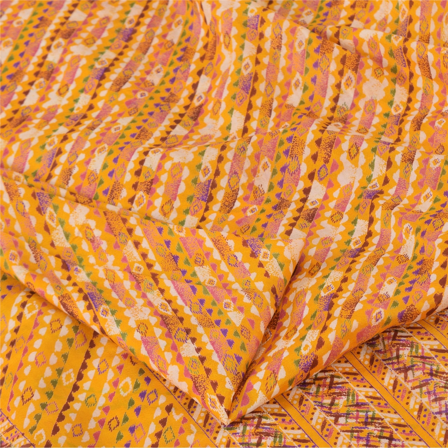 Sanskriti Vintage Sarees Yellow 100% Pure Silk Printed Sari 6 yard Craft Fabric