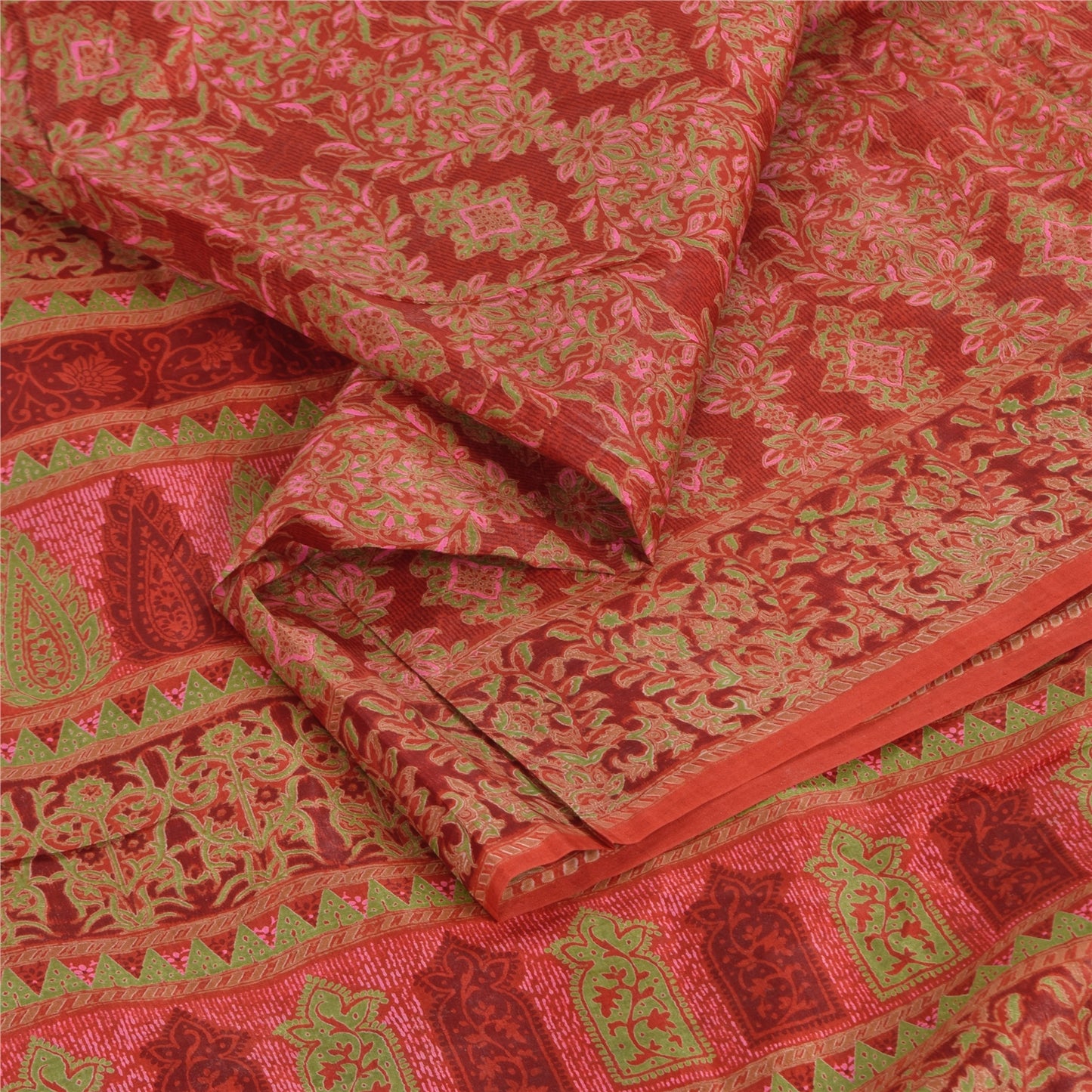 Sanskriti Vintage Sarees Red Indian Pure Silk Printed Sari 5yd Craft Fabric