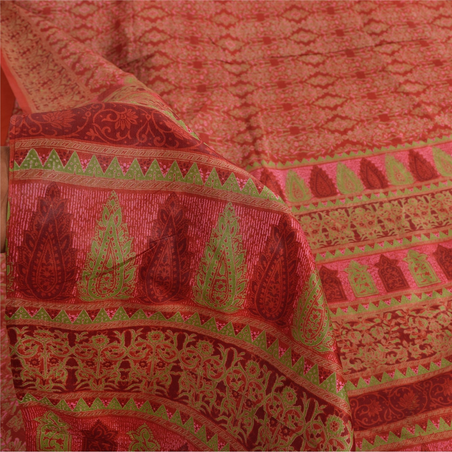 Sanskriti Vintage Sarees Red Indian Pure Silk Printed Sari 5yd Craft Fabric