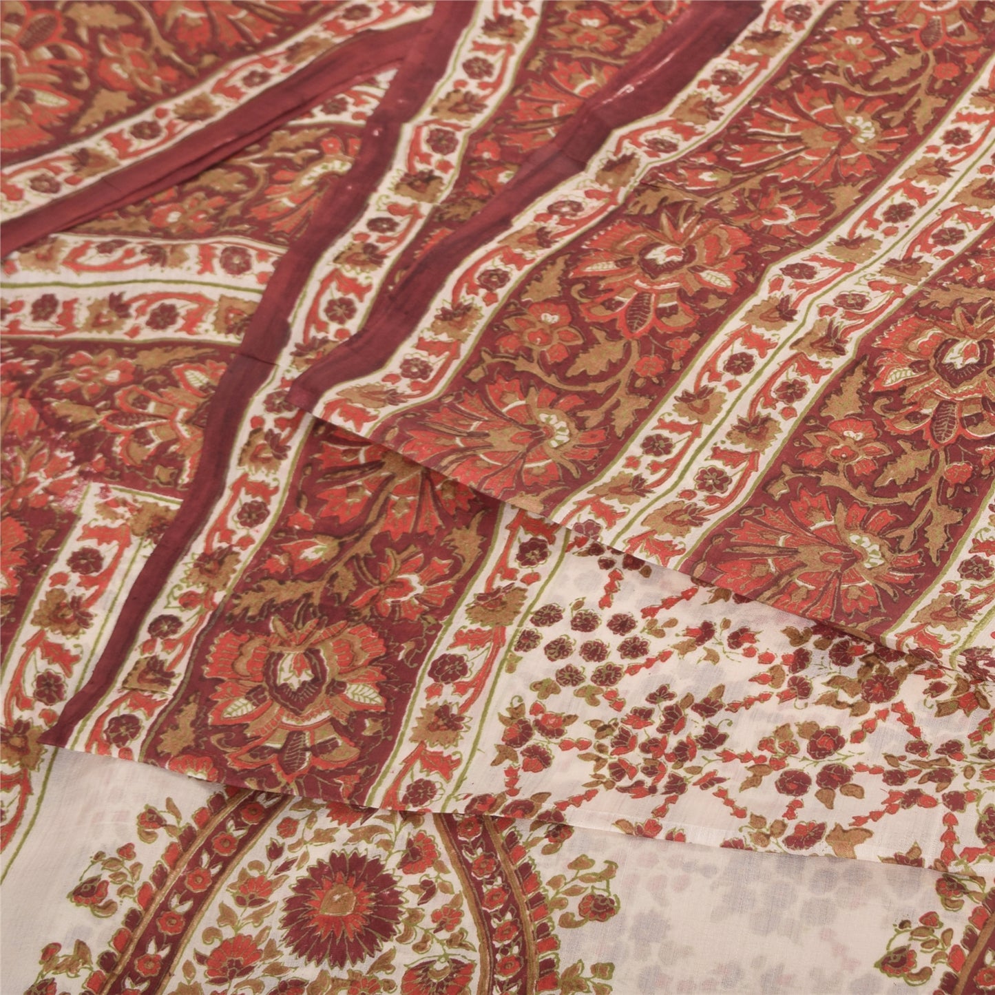 Sanskriti Vintage Sarees Brown/Ivory 100%Pure Silk Printed Sari 5yd Craft Fabric