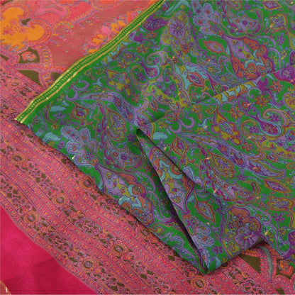 Sanskriti Vintage Sarees Green Indian Pure Silk Printed Sari Floral Craft Fabric