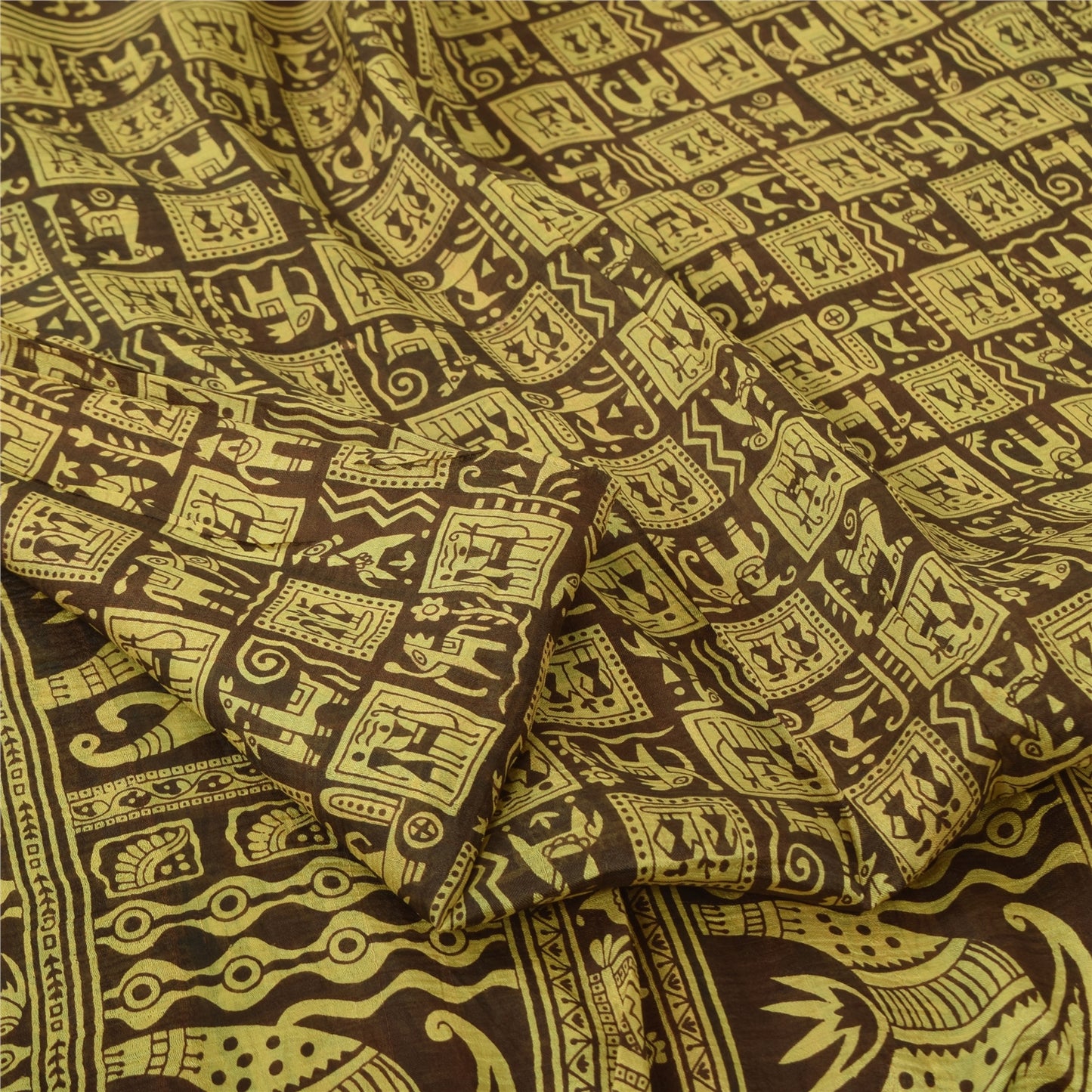 Sanskriti Vintage Sarees Green Animal Printed Pure Silk Sari 5yd Craft Fabric