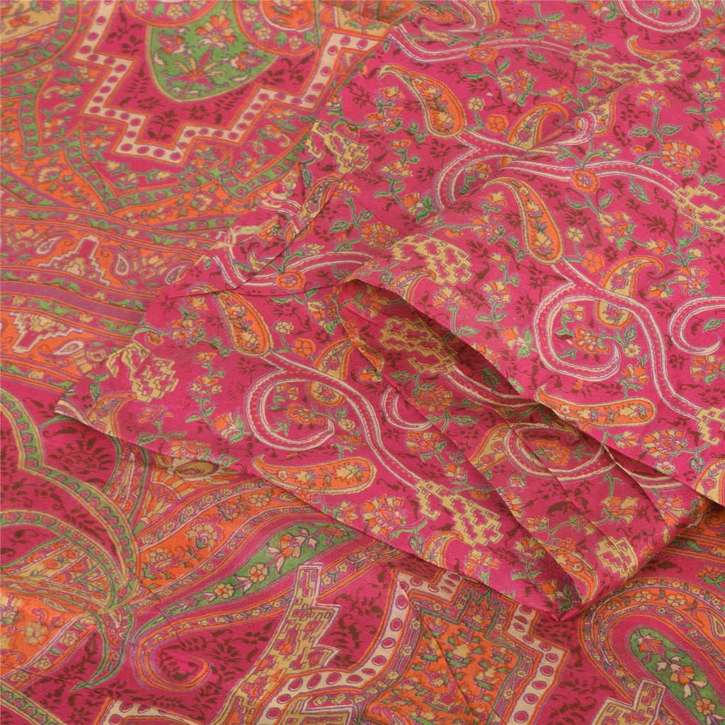 Sanskriti Vintage Sarees Dark Pink 100% Pure Silk Printed Sari 5yd Craft Fabric