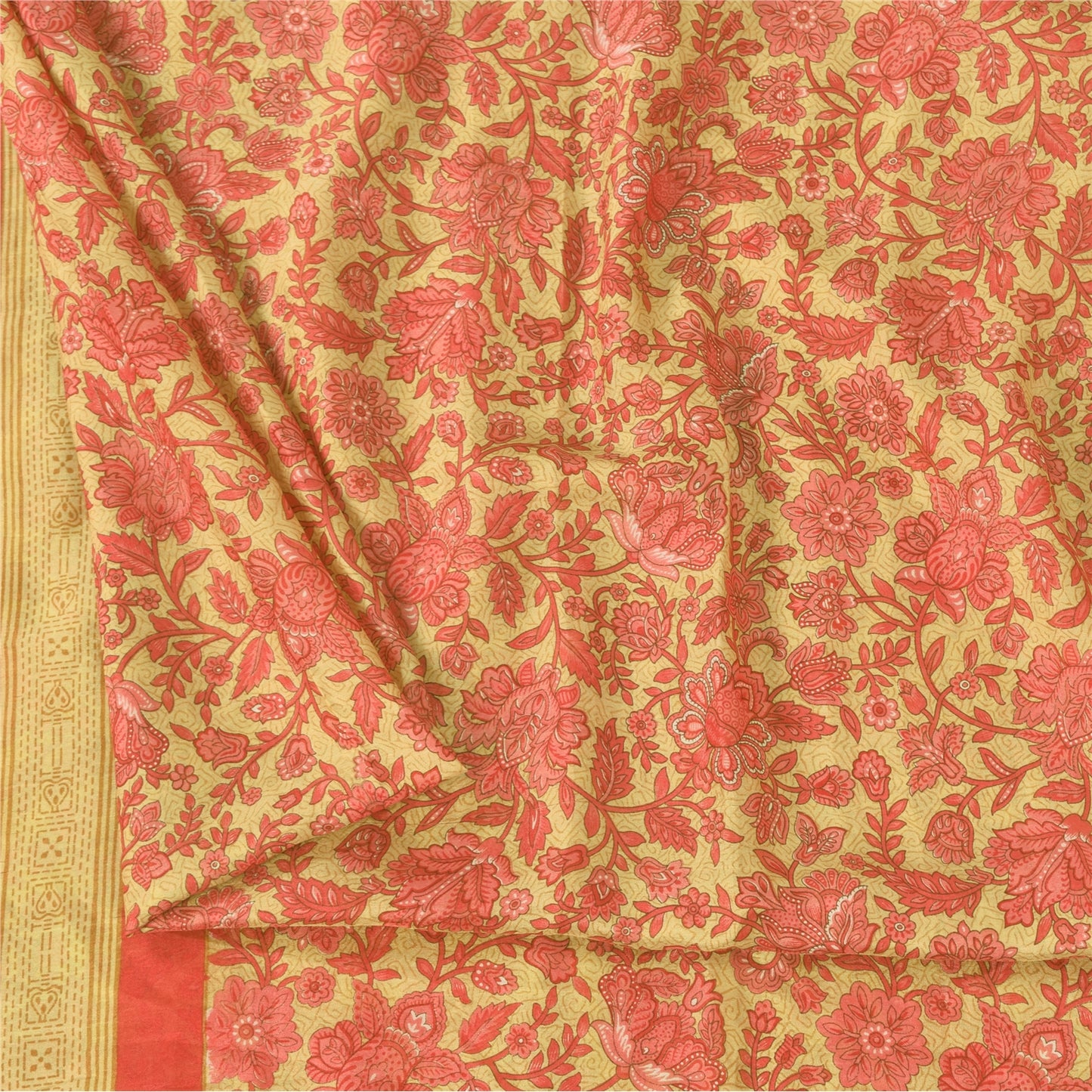 Sanskriti Vintage Sarees Cream/Pink 100% Pure Silk Printed Sari 5yd Craft Fabric