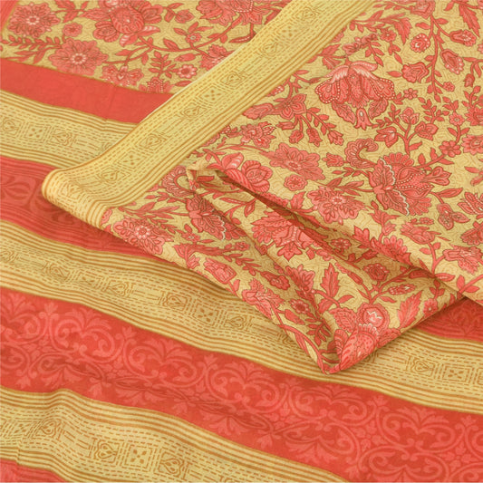 Sanskriti Vintage Sarees Cream/Pink 100% Pure Silk Printed Sari 5yd Craft Fabric