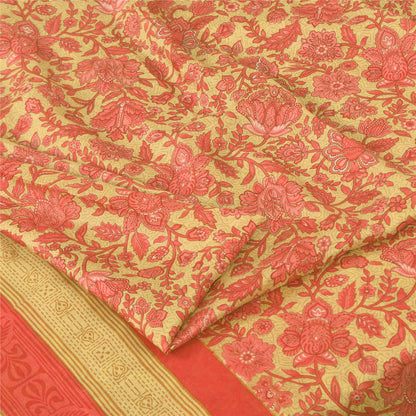 Sanskriti Vintage Sarees Cream/Pink 100% Pure Silk Printed Sari 5yd Craft Fabric