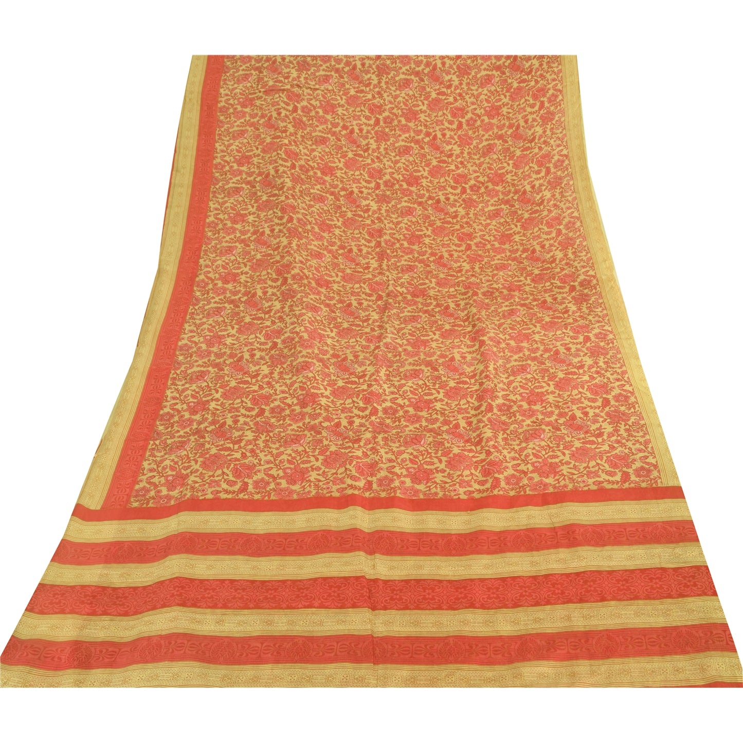 Sanskriti Vintage Sarees Cream/Pink 100% Pure Silk Printed Sari 5yd Craft Fabric