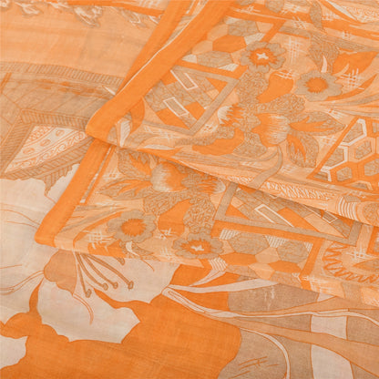 Sanskriti Vintage Sarees Orange Indian Pure Silk Printed Sari 6yd Craft Fabric