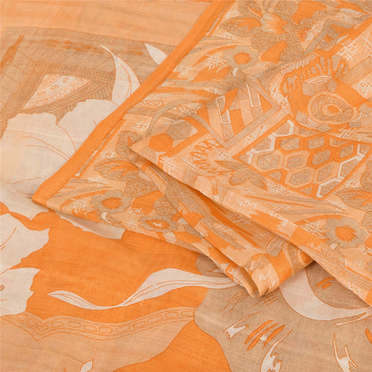 Sanskriti Vintage Sarees Orange Indian Pure Silk Printed Sari 6yd Craft Fabric